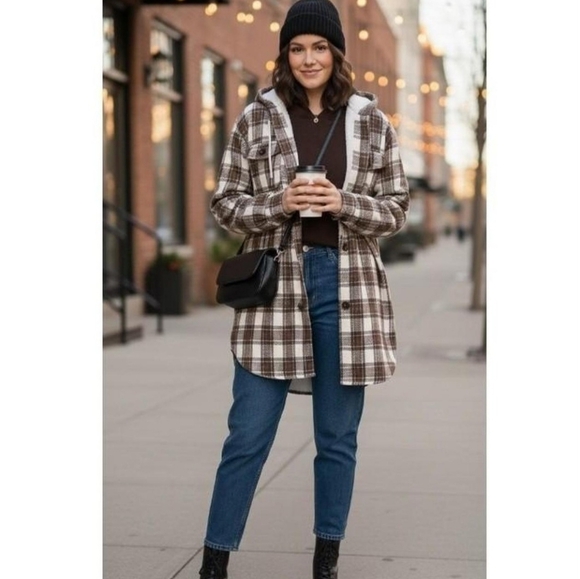 Helix Jackets & Blazers - Brown and white plaid fleece-lined hooded shirt jacket, size S/M